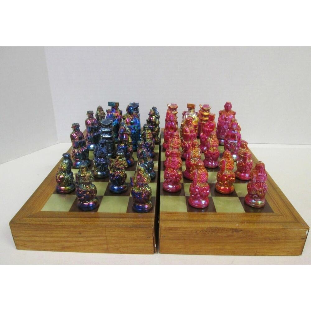 VINTAGE ASIAN CHINESE GLADIATOR WOODEN FOLDING CHESS SET